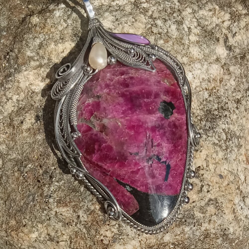 Gorgeous Eudialyte and freshwater pearl Pendant